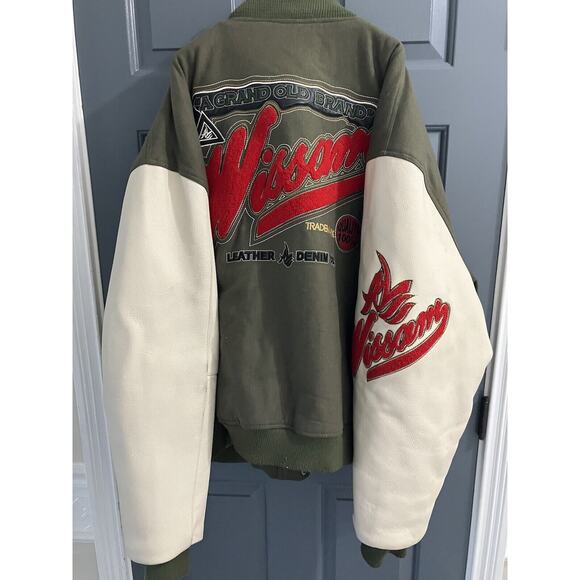 Al Wissam Men's Cream/Green Wool Leather Logo Bomber Jacket Size 6XL - Picture 7 of 13